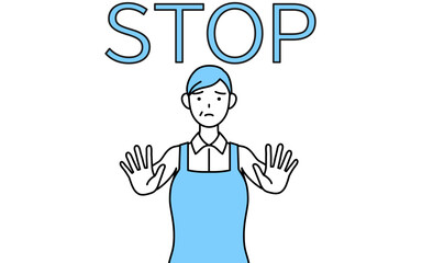 ストップの合図、体の前に手を突き出すエプロンを着たシニア女性