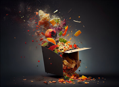 Food in perfect state in a dumpster, representing food waste, generative ia