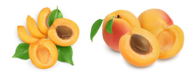 apricot fruit with half and slices isolated on white background. Top view. Flat lay