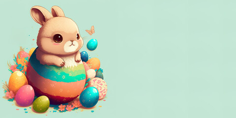 Cute illustrated Easter bunny with eggs, copy sapce, adorable Easter bunny and Easter eggs, text space illustration, generated art