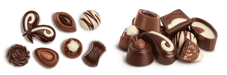 Chocolate candy isolated on white background with full depth of field. Top view. Flat lay. Set or collection
