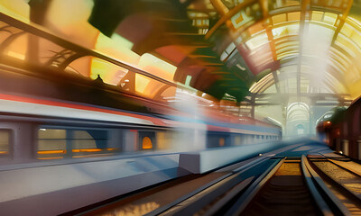 Illustration of a subway station and a moving train. Abstract big city life background. (Generative AI)