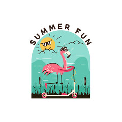 illustration of cartoon logo of cool pink flamingo in sunglasses riding electric scooter against blue sky with sun.