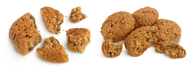 oatmeal cookies with flax, pumpkin and sunflower seeds isolated on white background with full depth of field. Top view. Flat lay