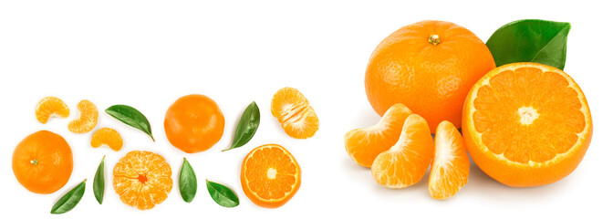 tangerine or mandarin with leaves isolated on white background with copy space for your text. Top view. Flat lay