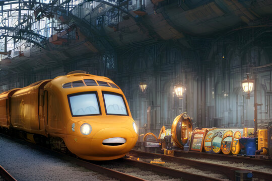 Cartoon train on the railway