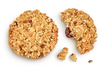 Granola cookie isolated on white background with full depth of field. Top view. Flat lay.