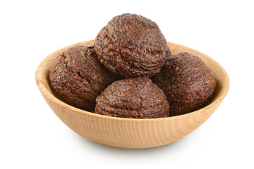 chocolate cookie with kerob, banana, cashew, sunflower seeds in wooden bowl isolated on white background. Healthy food gluten-free, flour-free