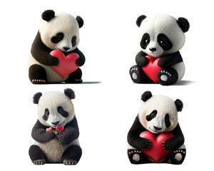 Four different cute panda bears holding a heart on white background, Ai generated. Transparent png 
