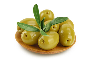 Green olives with leaves in wooden bowl isolated on a white background with full depth of field.