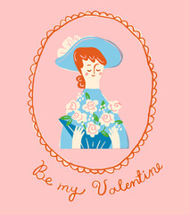 Lady holding a Valentine's Day bouquet. Vector illustration of a young woman receiving a romantic gift of flowers in trendy vintage style. Banner, poster or post card template.