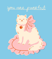 Cute cat with a pink ribbon and a heart shaped pendant sitting on a pillow with a "You are purrfect" message. Valentine's day poster, banner or post card template. Trendy retro style.