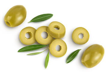 Green olives with leaves isolated on a white background with full depth of field. Top view. Flat lay