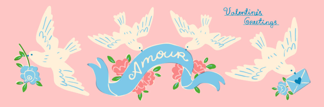 Set of white doves for the Valentine's Day or wedding. Vector illustration of flying birds holding flowers and letters. Romantic messenger concept. Design elements for invitation, banner or postcard.
