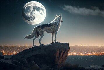 illustration, wolf on a rock, in the light of the full moon, image generated by AI.