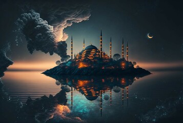 Obraz premium lansdcape of mountains,mansion, lake, clouds, stars, generated by AI.