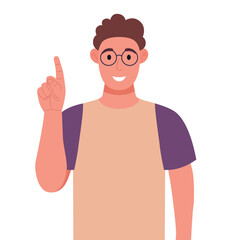 Curly young man in glasses pointing up finger while standing and smiling. Concept of a great idea. Vector illustration.