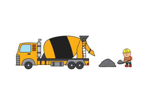 vector illustration Hand drawn color children construction concrete mixer truck and construction worker clip art