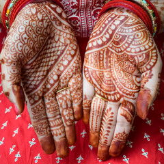 Beautiful woman dressed up as Indian tradition with henna mehndi design on her both hands to celebrate big festival of Karwa Chauth, Karwa Chauth celebrations by Indian woman for her husband