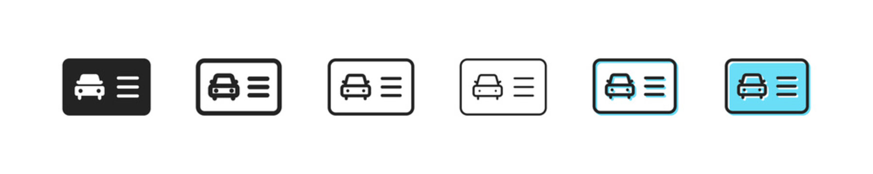 Driver license icon set. Driver id card, MIA. Driver s personal document. Traffic rules concept. Six vector line icon in different styles