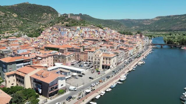 Bosa Colored Houses, Temo River and Castle Serravalle in Sardinia, Italy - 4k Aerial