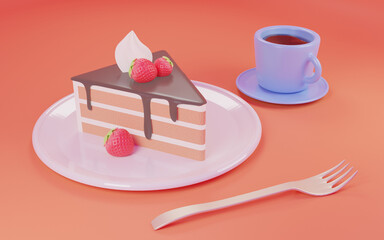 chocolate cake with strawberry and tea 3d render 