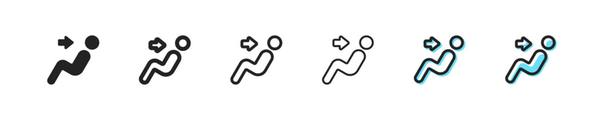 Disabled person set icon. Drivers seat, road sign, parking space, invalif, movable driver's seat. Traffic rules concept. Six vector line icon in different styles