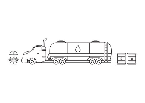 Hand drawn color children construction set fuel truck with fuel barrels and construction worker