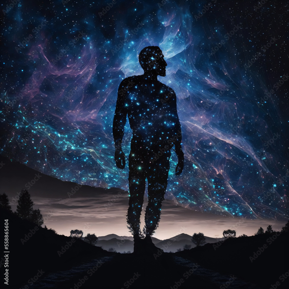 Poster silhouette of a person standing in front of night sky with galaxy. designed using generative ai.