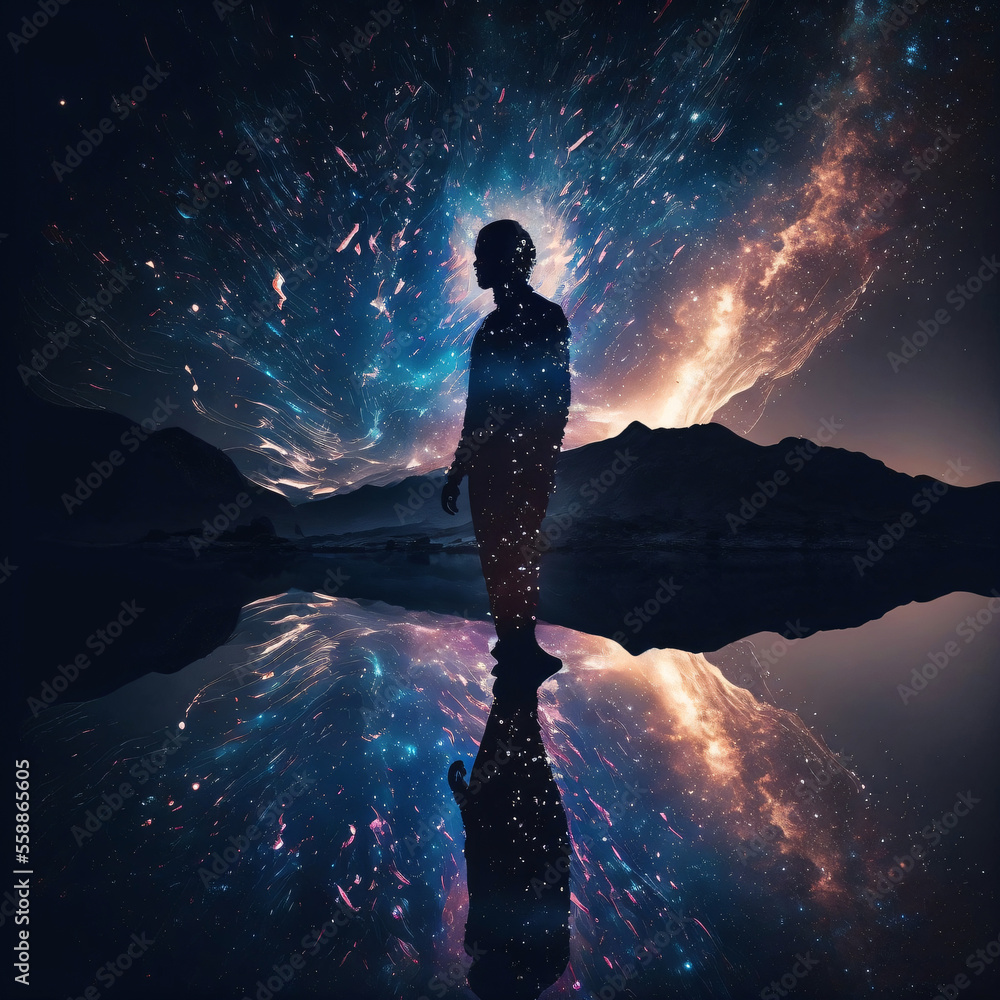 Poster silhouette of a person standing in front of night sky with galaxy. designed using generative ai.