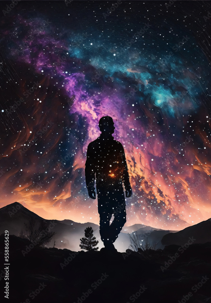 Poster silhouette of a person standing in front of night sky with galaxy. designed using generative ai.