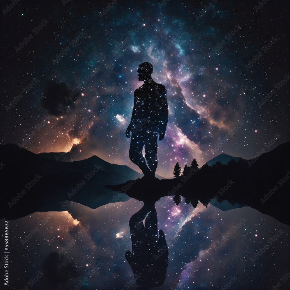 Poster silhouette of a person standing in front of night sky with galaxy. designed using generative ai.