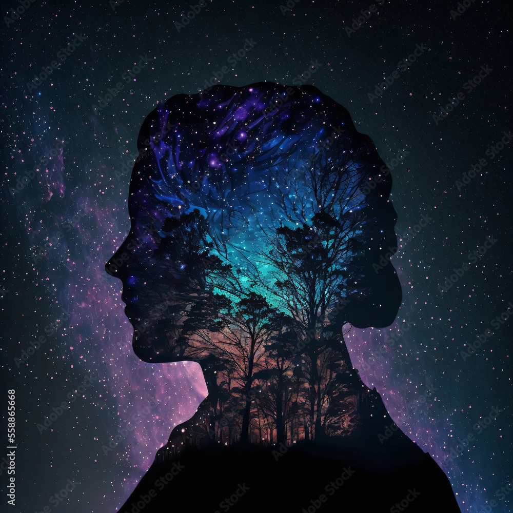 Poster silhouette of a person standing in front of night sky with galaxy. designed using generative ai.