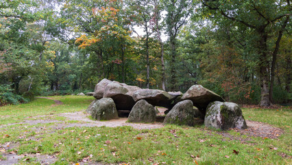 Pair of dolmen D25 in autumn setting in small village Bronneger at Hondsrug in Drenthe The Netherlands