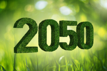 Numbers 2050 from grass. A symbol of sustainable development and full transition to renewable energy by 2050 year.	 - obrazy, fototapety, plakaty