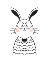black and white hand drawn illustration of a rabbit in glasses sweater