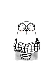 black and white hand drawn illustration of a bear in scarf glasses sweater