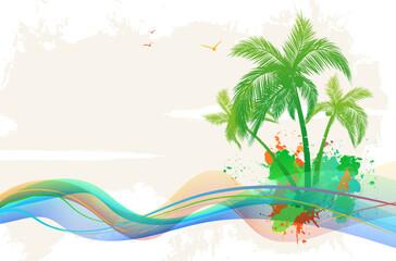 Fototapeta na wymiar Summer design with abstract waves, palms and splashes