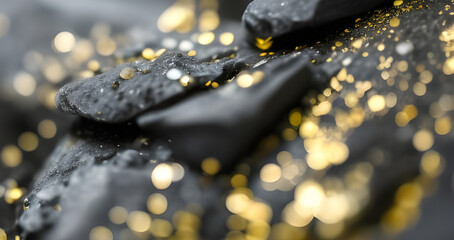 Close up of black stones with gold particles. Abstract 3d render background. (Generative AI)