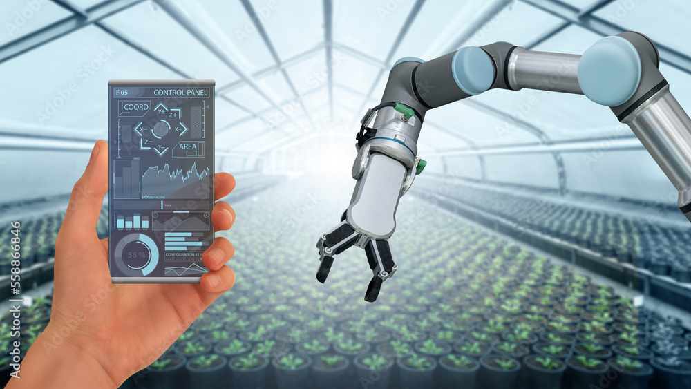 Aufkleber a farmer controls agricultural robot through a smartphone mobile application. smart farming and digi