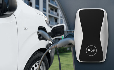 Electric delivery van with electric vehicles charging station.	