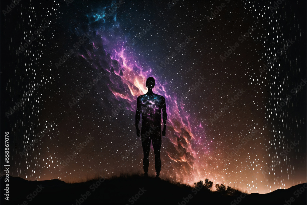 Poster silhouette of a person standing in front of night sky with galaxy. designed using generative ai.