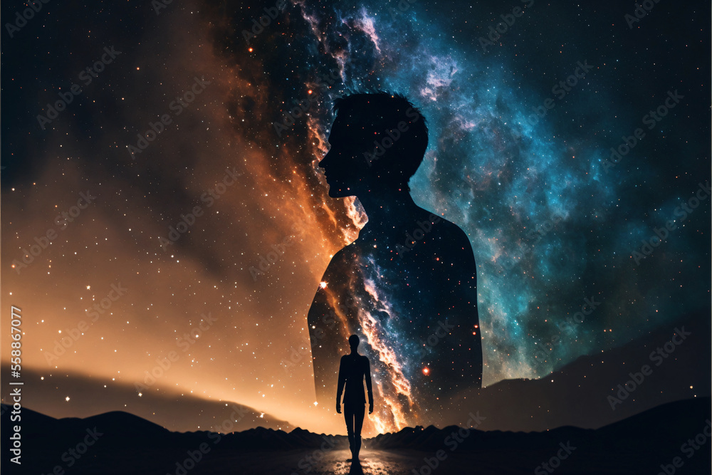 Poster silhouette of a person standing in front of night sky with galaxy. designed using generative ai.