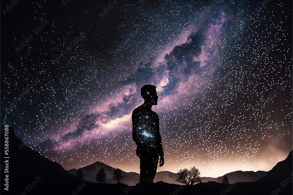 Poster silhouette of a person standing in front of night sky with galaxy. designed using generative ai.