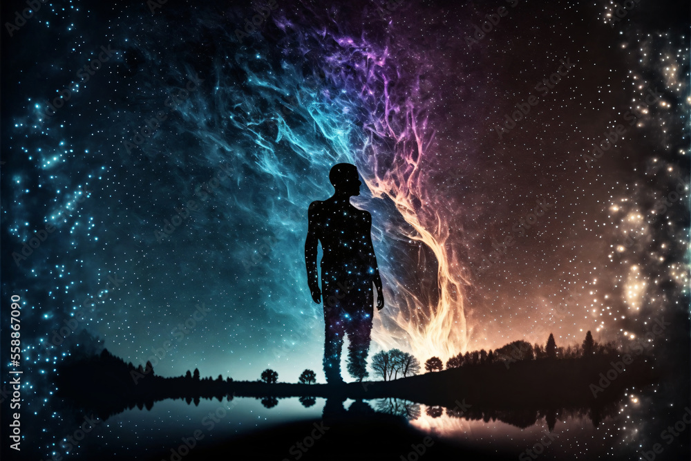 Poster silhouette of a person standing in front of night sky with galaxy. designed using generative ai.