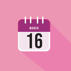  March day 16. Number sixteen on a white paper with pink border and background, calendar sheet. Vector illustration.