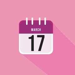 March day 17. Number seventeen on a white paper with pink border and background, calendar sheet. Vector illustration.