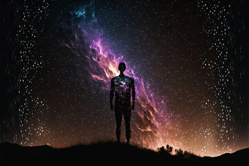 Silhouette of a person standing in front of night sky with galaxy. Designed using Generative AI. 