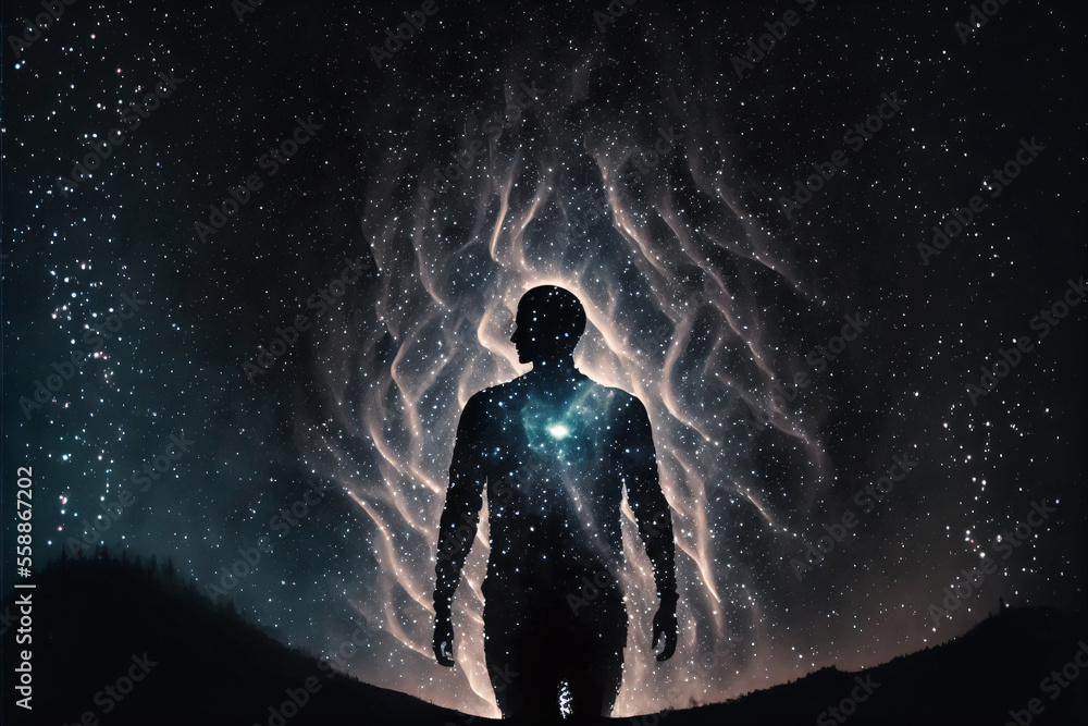 Poster silhouette of a person standing in front of night sky with galaxy. designed using generative ai.