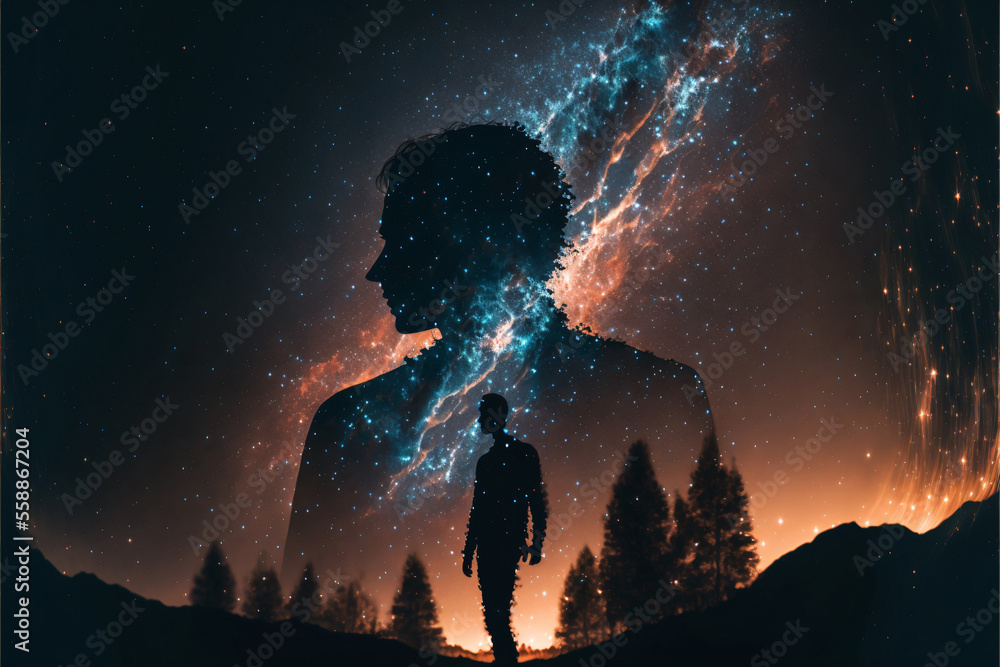 Poster silhouette of a person standing in front of night sky with galaxy. designed using generative ai.